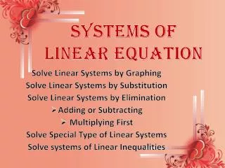 Solve Linear Systems by Graphing Solve Linear Systems by Substitution Solve Linear Systems by Elimination Adding or Subt