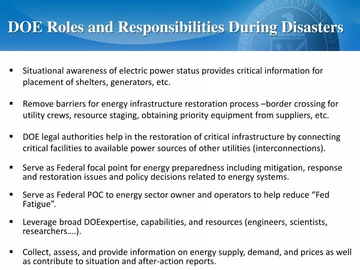 doe roles and responsibilities during disasters