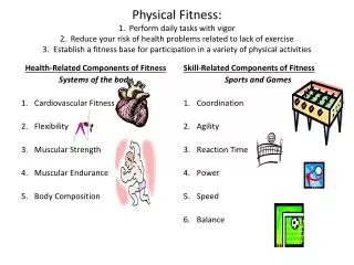 Health-Related Components of Fitness Systems of the body Cardiovascular Fitness Flexibility Muscular Strength Muscular E