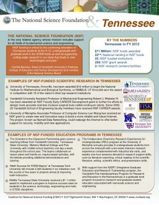 BY THE NUMBERS Tennessee in FY 2012 $71 Million: NSF funds awarded 22 nd : National ranking in NSF funds 25: NSF-