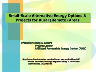Presentor : Rene E. Alburo Project Leader Affiliated Renewable Energy Center (ARE