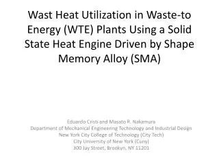 Wast Heat Utilization in Waste-to Energy (WTE) Plants Using a Solid State Heat Engine Driven by Shape Memory Alloy (SMA