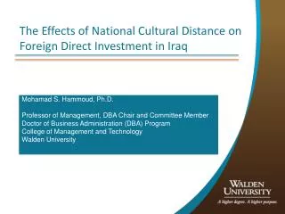 The Effects of National Cultural Distance on Foreign Direct Investment in Iraq
