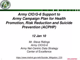 Army CIO/G-6 Support to Army Campaign Plan for Health Promotion, Risk Reduction and Suicide Prevention (ACPHP) 12 Jan