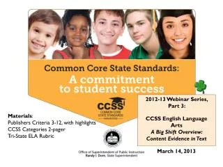 2012-13 Webinar Series, Part 3: CCSS English Language Arts A Big Shift Overview: Content Evidence in Text March 14, 20