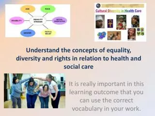 Understand the concepts of equality, diversity and rights in relation to health and social care