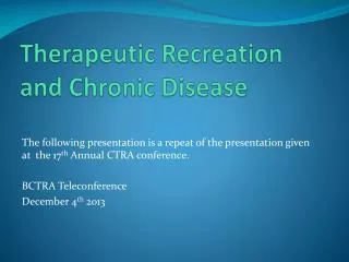 Therapeutic Recreation and Chronic Disease