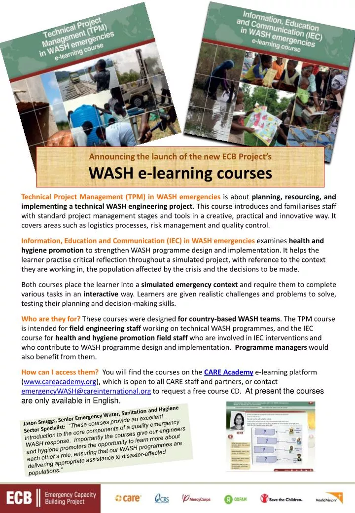 announcing the launch of the new ecb project s wash e learning courses