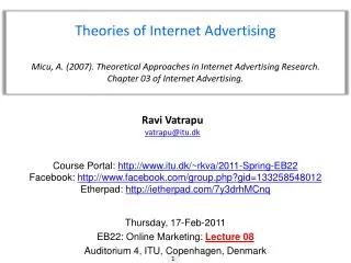 Theories of Internet Advertising Micu , A. (2007). Theoretical Approaches in Internet Advertising Research. Chapter