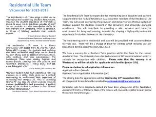 Residential Life Team Vacancies for 2012-2013