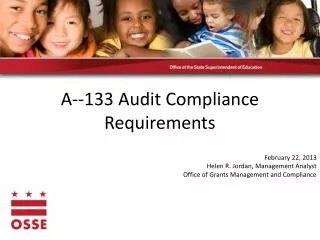 A--133 Audit Compliance Requirements February 22, 2013 Helen R. Jordan, Management Analyst Office of Grants Managemen