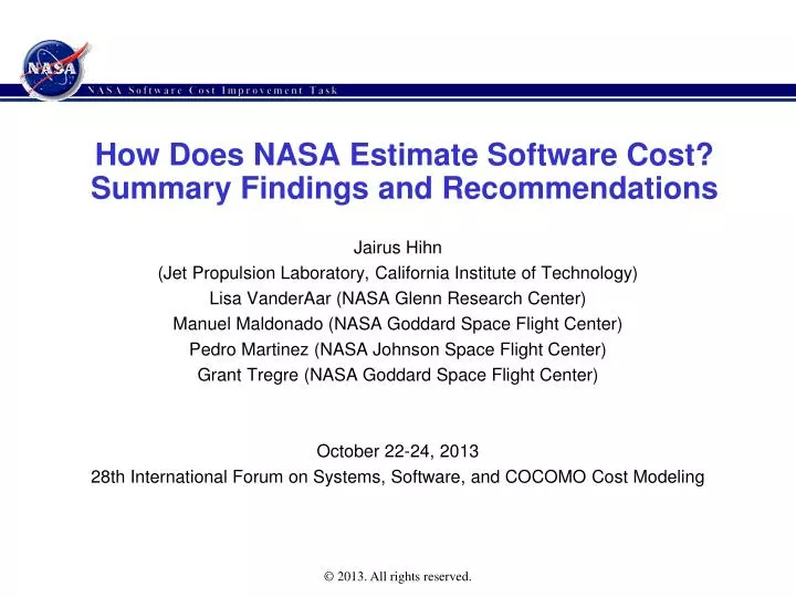 how does nasa estimate software cost summary findings and recommendations