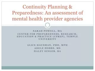 Continuity Planning &amp; Preparedness: An assessment of mental health provider agencies