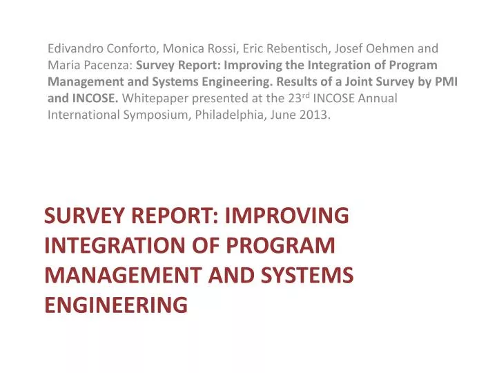 survey report improving integration of program management and systems engineering