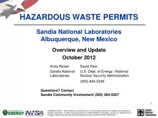 HAZARDOUS WASTE PERMITS Sandia National Laboratories Albuquerque, New Mexico