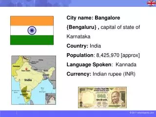 City name: Bangalore { Bengaluru } , capital of state of Karnataka Country: India Population : 8,425,970 [approx] Lan