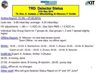 TRD Detector Status 27th May 2014 Th . Kirn, K. Andeen , J. Mitscherling, N. Nikonov , P. Soldin