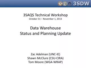 3SAQS Technical Workshop October 31 – November 1, 2013 Data Warehouse Status and Planning Update