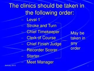 The clinics should be taken in the following order: Level 1 Stroke and Turn Chief Timekeeper Clerk of Course Chief Finis