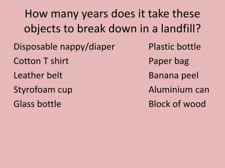 how many years does it take these objects to break down in a landfill