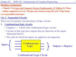 Ch. 5 - Sequential Circuits There are two primary classifications of logic circuits: 1.	 Combinational logic circuits