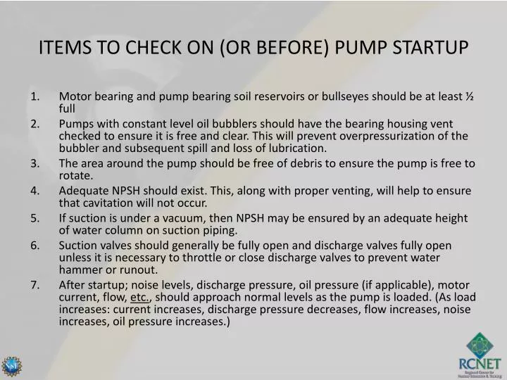 items to check on or before pump startup