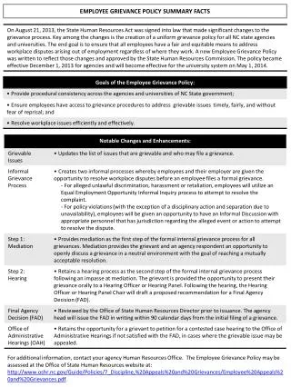 EMPLOYEE GRIEVANCE POLICY SUMMARY FACTS