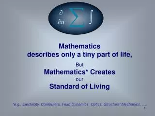 Mathematics describes only a tiny part of life, But Mathematics* Creates our Standard of Living