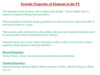 Periodic Properties of Elements in the PT