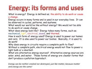 Energy: its forms and uses