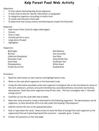 Kelp Forest Food Web Activity