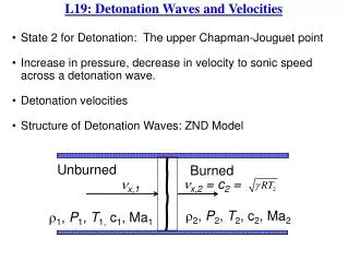 State 2 for Detonation: The upper Chapman- Jouguet point Increase in pressure, decrease in velocity to sonic speed acr