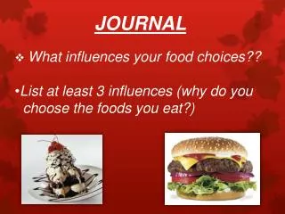 JOURNAL What influences your food choices?? List at least 3 influences (why do you choose the foods you eat ?)