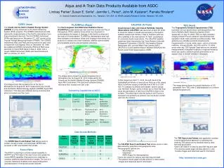 Aqua and A-Train Data Products Available from ASDC Lindsay Parker 1 ,Susan E. Sorlie 1 , Jennifer L. Perez 2 , John M. K