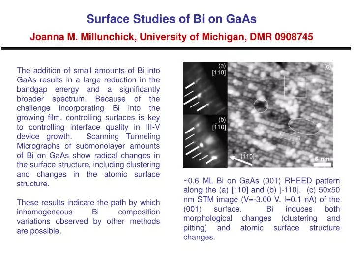 surface studies of bi on gaas joanna m millunchick university of michigan dmr 0908745
