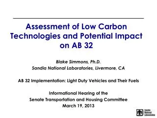 Assessment of Low Carbon Technologies and Potential Impact on AB 32