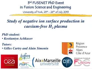 Study of negative ion surface production in caesium -free H 2 plasma PhD student : Kostiantyn Achkasov Tutors: Gilles