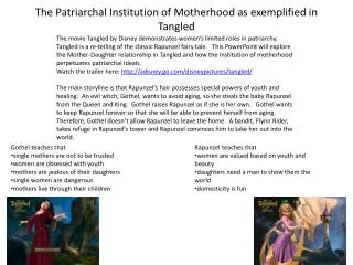 The Patriarchal Institution of Motherhood as exemplified in Tangled