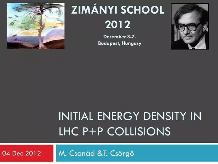 initial energy density in lhc p p collisions