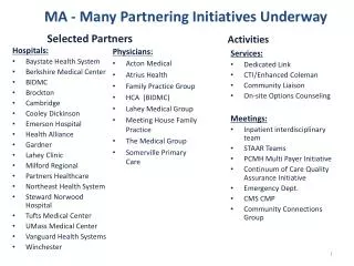 MA - Many Partnering Initiatives Underway