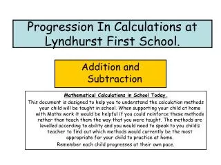 Progression In Calculations at Lyndhurst First School.