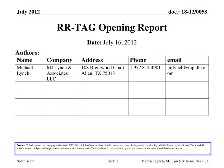 rr tag opening report