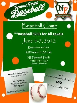 Baseball Camp **Baseball Skills for All Levels June 4-7, 2012 Registration 8:00 a.m. 9:00 a.m.-11:30 a.m. NF Baseball Fi