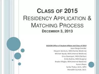 Class of 2015 Residency Application &amp; Matching Process December 3, 2013