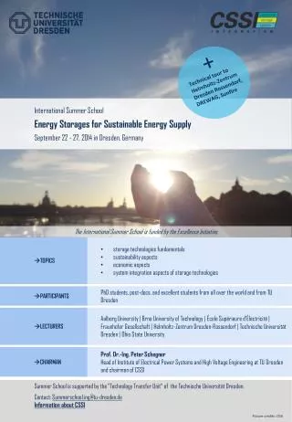 International Summer School Energy Storages for Sustainable Energy Supply September 22 - 27, 2014 in Dresden, Germany