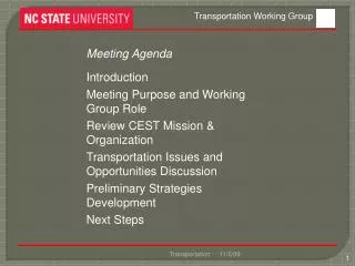 Meeting Agenda Introduction Meeting Purpose and Working Group Role Review CEST Mission &amp; Organization Transportati