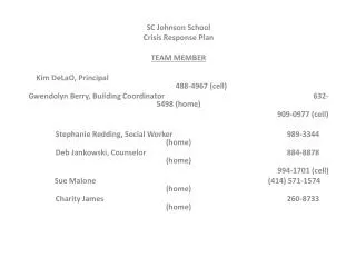 SC Johnson School Crisis Response Plan TEAM MEMBER Kim DeLaO , Principal													 488-4967 (cell)