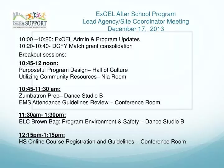 excel after school program lead agency site coordinator meeting december 17 2013