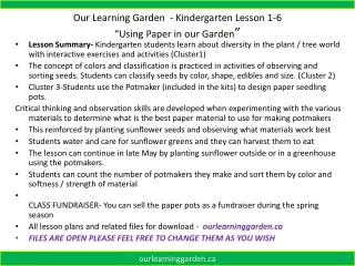 Our Learning Garden - Kindergarten Lesson 1-6 “Using Paper in our Garden ”