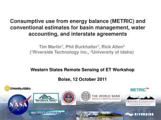 Western States Remote Sensing of ET Workshop Boise, 12 October 2011